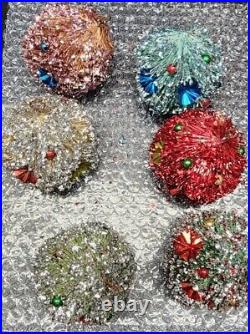 RARE Vintage BOTTLE BRUSH Jeweled Ball Ornaments MCM Christmas Tree LOT 6! AS IS