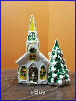 RARE! Vintage Seymour Mann Steeple Church Tree Ceramic Christmas Snow Village