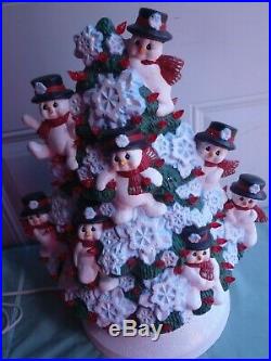 Rare Vintage Ceramic Lighted Christmas Tree With Snowman