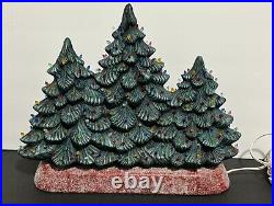 Rare Vintage Ceramic Triple Christmas Tree With Ceramic Base And Mini Lights