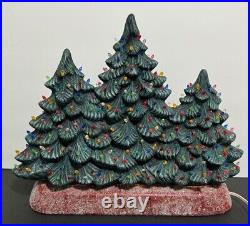 Rare Vintage Ceramic Triple Christmas Tree With Ceramic Base And Mini Lights