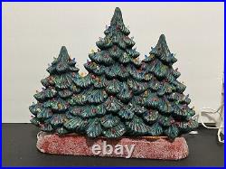 Rare Vintage Ceramic Triple Christmas Tree With Ceramic Base And Mini Lights