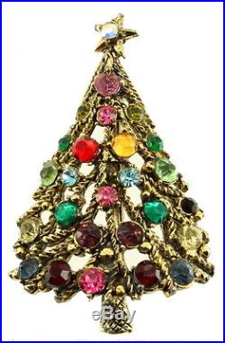 Rare Vintage Multi Color Rhinestone Gold Tone Hollycraft Christmas Tree Pin 2.25