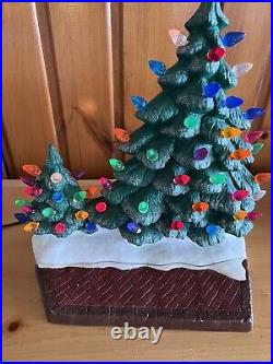 Rare Vtg Ceramic Double Christmas Tree Lighted Flat MCM Snow Flocked Display