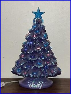 Rare Vtg Iridescent Color Shift Blue Purple 15 Ceramic Xmas Tree 72 Lights Bows