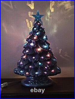 Rare Vtg Iridescent Color Shift Blue Purple 15 Ceramic Xmas Tree 72 Lights Bows