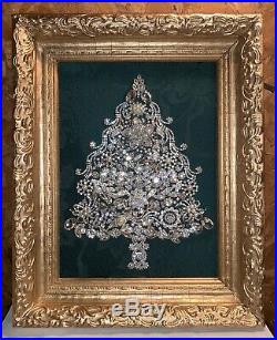 Rhinestone Christmas Jewelry Tree Framed Art Picture In Vintage Gesso Frame