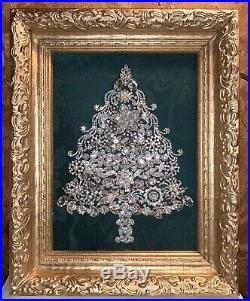 Rhinestone Christmas Jewelry Tree Framed Art Picture In Vintage Gesso Frame