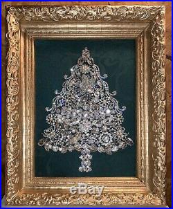 Rhinestone Christmas Jewelry Tree Framed Art Picture In Vintage Gesso Frame