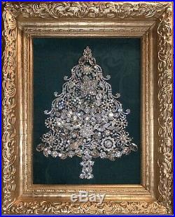 Rhinestone Christmas Jewelry Tree Framed Art Picture In Vintage Gesso Frame
