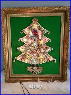 STUNNING LIGHT UP Vintage Christmas Tree Brooch Framed Jewelry Art Handmade