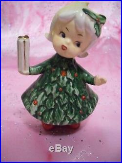SUPER RARE VTG Lefton Christmas Tree Holly Girl Angels Rhinestones Figurine