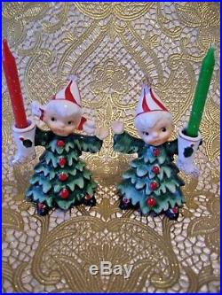SUPER RARE VTG Lefton Christmas Tree Holly Girl Angels Rhinestones Figurine
