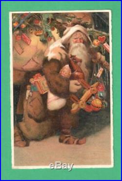 Scarce Vintage Christmas Postcard Santa Claus Tree Toys Patched Sacks