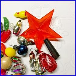 Set 46 pcs mini Vintage glass plastic Christmas tree Ornament soviet Malyutka