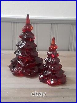 Set Of 2 Fenton VTG Ruby Red Amberina Glass Christmas Trees 6 and 4