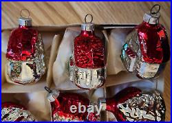 Set of 12 Blown Mercury Glass House Cottage Christmas Ornament Germany ORI\BOX