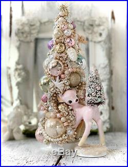 Shabby Pink Vintage Ornament, Bambi, Christmas Deer, Bottle Brush Tree, cottage