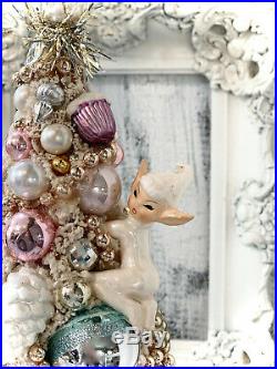 Shabby Pink Vintage Ornament, Bambi, Christmas Deer, Bottle Brush Tree, cottage