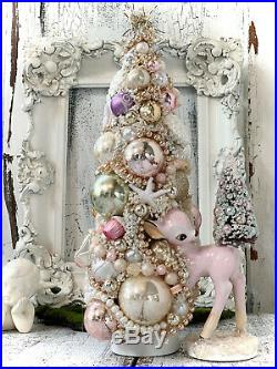 Shabby Pink Vintage Ornament, Bambi, Christmas Deer, Bottle Brush Tree, cottage