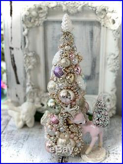 Shabby Pink Vintage Ornament, Bambi, Christmas Deer, Bottle Brush Tree, cottage