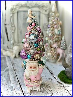 Shabby Pink Vintage Ornament, Pink Spaghetti Santa, Bottle Brush Tree, Angel
