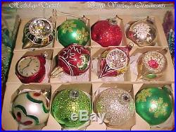 Sparkly Antique Vtg Glass Xmas Tree Ornaments Poland Triple Indent Tips Glitter