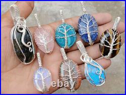 Tiger Eye & Mix Gemstone Tree Of Life Silver Wire Wrap Handmade Pendants Lot