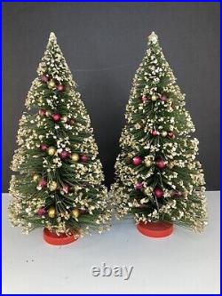 Two 13 Vintage Gold Flocked Bottle Brush Christmas Trees with Mercury Glass Beads