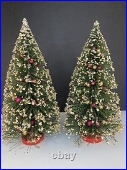 Two 13 Vintage Gold Flocked Bottle Brush Christmas Trees with Mercury Glass Beads
