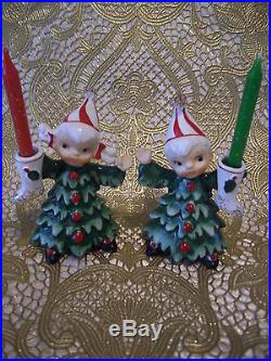V RARE VTG Lefton Christmas Tree Kids Holly Girl Boy Angels Hold Candle Figurine