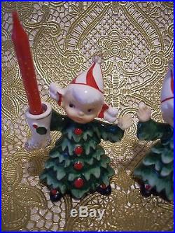 V RARE VTG Lefton Christmas Tree Kids Holly Girl Boy Angels Hold Candle Figurine