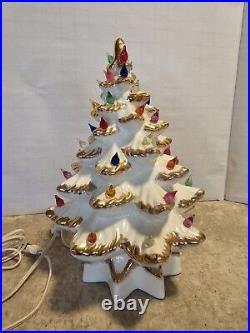 VINTAGE 13 WHITE Gold lighted CERAMIC CHRISTMAS TREE MUSIC Box Starburst Bulbs