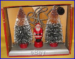 VINTAGE 1930's NOMA CHRISTMAS LIGHT DECOR FIGURAL SANTA BULB BRUSH TREES in BOX