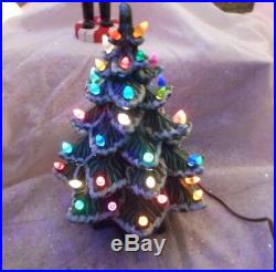 VINTAGE CERAMIC GREEN LIGHT UP 100% COLOR PEG ORNAMENTS CHRISTMAS TREE With BASE