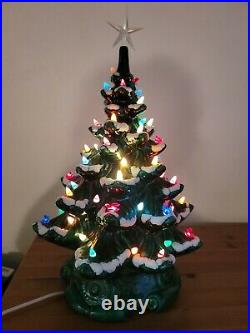 VINTAGE CERAMIC MUSICAL CHRISTMAS TREE FLOCKED LIGHTS 19 With STAR & BASE