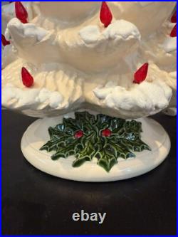 VINTAGE CERAMIC White Flocked CHRISTMAS TREE withRed lights Holly Stand 16
