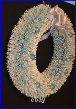 VINTAGE CHRISTMAS 1950's BLUE FLOCKED BOTTLE BRUSH 15 WREATH MCM RETRO