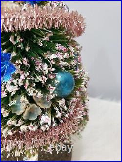 VINTAGE CHRISTMAS BOTTLE BRUSH TREE MERCURY BEADS blue pink flowers leaves japan