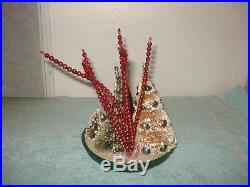 Vintage Christmas Flocked Bottle Brush Tree Glass, Manger, Beads Ornaments