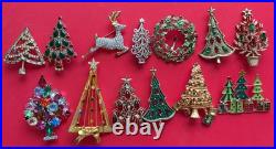 VINTAGE CHRISTMAS TREE BROOCH PIN LOT M BOOK PIECE SWAROVSKI TRIFARI LIA MCM 13p