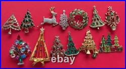 VINTAGE CHRISTMAS TREE BROOCH PIN LOT M BOOK PIECE SWAROVSKI TRIFARI LIA MCM 13p