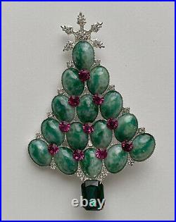 VINTAGE CHRISTMAS TREE PIN BROOCH GALE AND FRIENDS GREEN CABOCHONS PINK HTF 90s