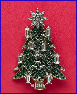 VINTAGE CHRISTMAS TREE PIN BROOCH GREEN RHINESTONES CANDLE GOLD HARD TO FIND 80s