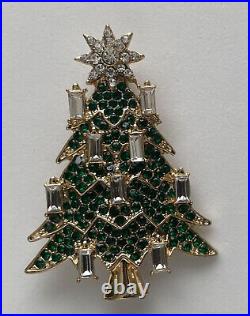 VINTAGE CHRISTMAS TREE PIN BROOCH GREEN RHINESTONES CANDLE GOLD HARD TO FIND 80s