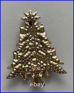 VINTAGE CHRISTMAS TREE PIN BROOCH GREEN RHINESTONES CANDLE GOLD HARD TO FIND 80s