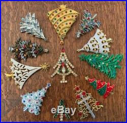 VINTAGE Holiday Christmas Tree PIN lot of 12 Brooches Enamel Rhinestones