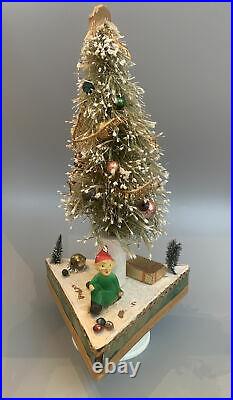 VINTAGE MUSICAL Bottle Brush Tree Mica Pixie Elf CHRISTMAS 1950s Rare Mercury