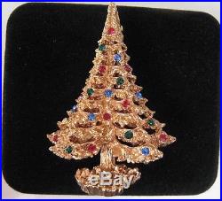 VINTAGE SIGNED LJM GREEN RED RHINESTONE GOLD WIRE CHRISTMAS TREE BROOCH Pin HARP