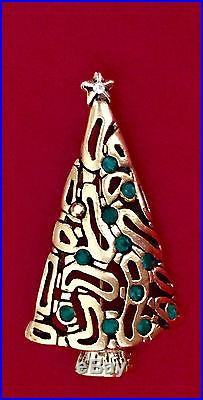 VINTAGE SIGNED LJM GREEN RED RHINESTONE GOLD WIRE CHRISTMAS TREE BROOCH Pin HARP